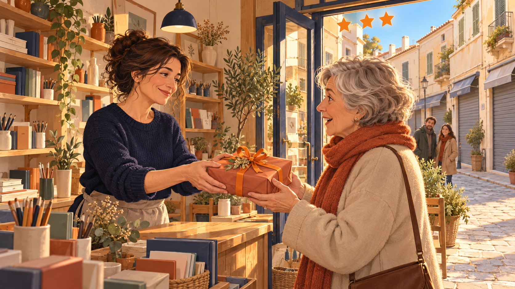 Titolare di una bottega illuminata consegna un pacchetto a una cliente mentre i negozi vicini sono spenti: come differenziarsi dalla concorrenza locale.