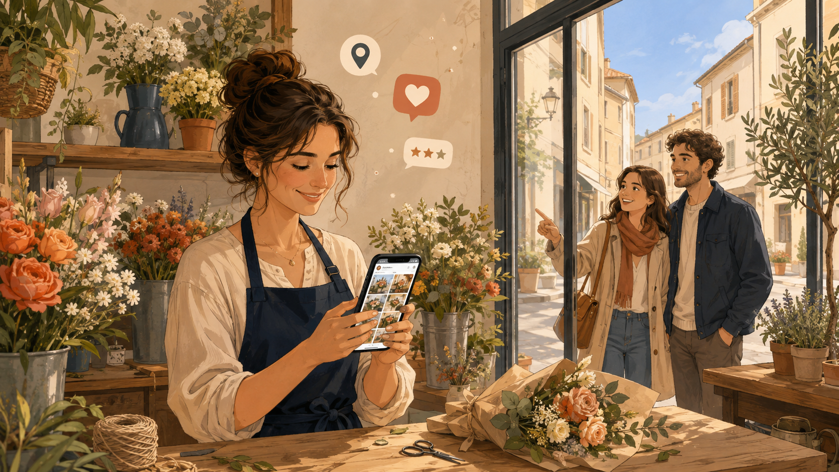 Illustrazione di una fioraia nel suo negozio di paese che mostra i social del locale mentre fuori arrivano clienti, esempio di social media manager per attività locali