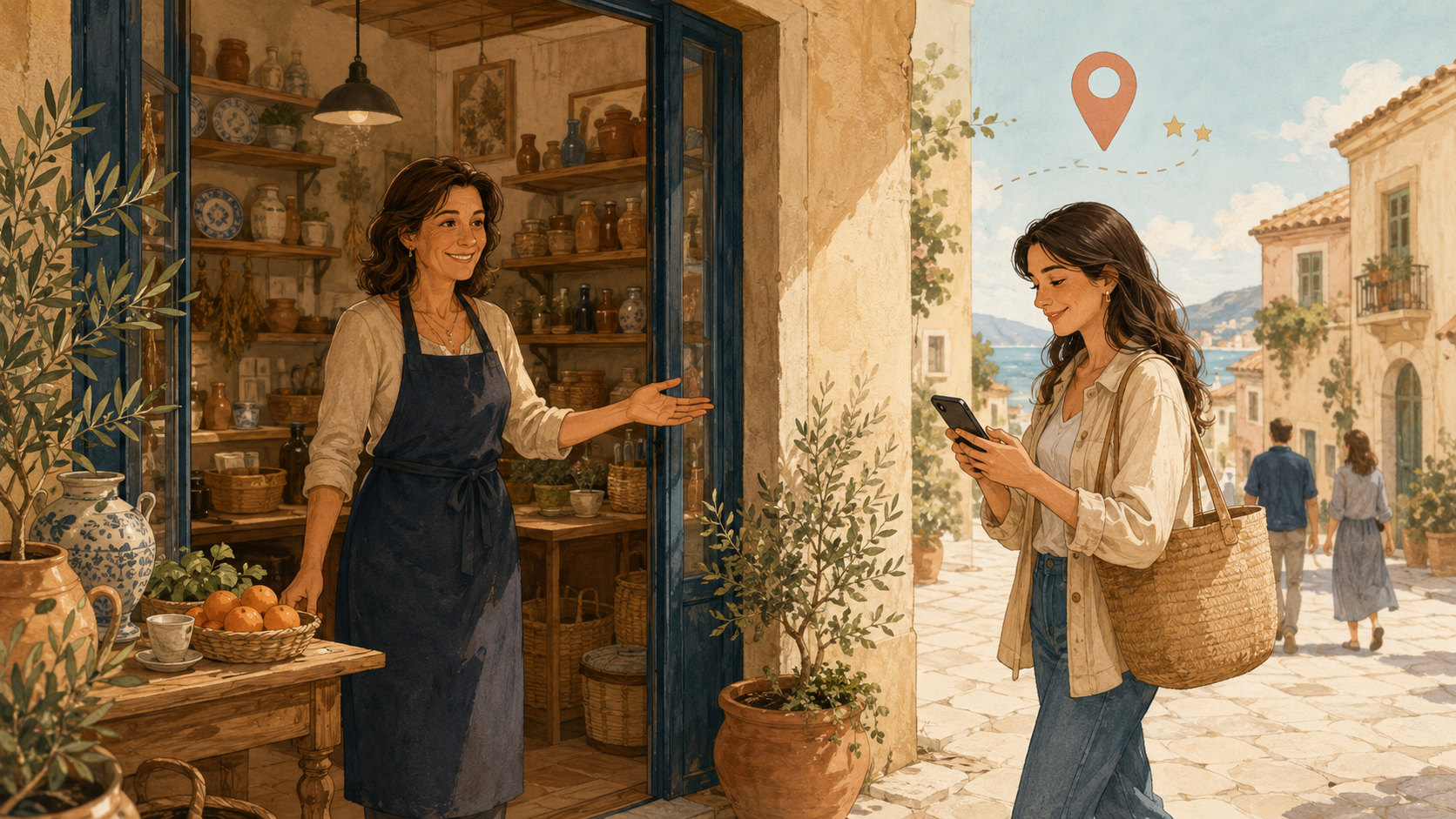 Illustrazione calda di una bottega italiana: la titolare accoglie sulla soglia una cliente arrivata col telefono in mano, a mostrare come farsi trovare su Google Maps con un'attività.