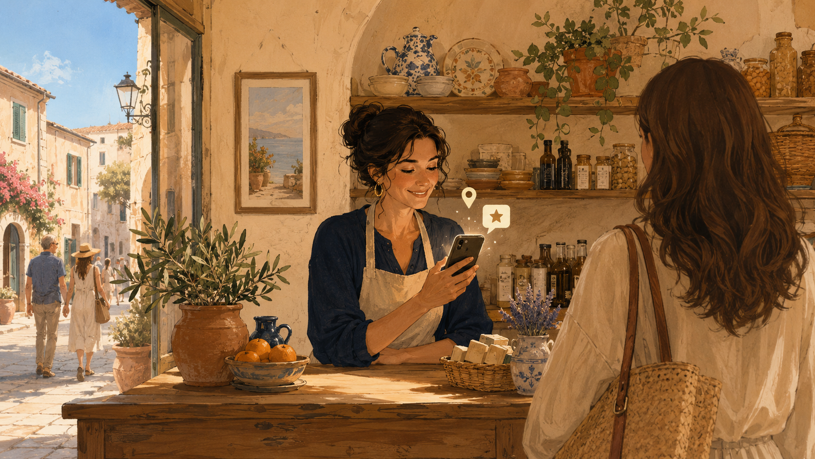 Illustrazione di una titolare in una bottega di paese che legge un messaggio sullo smartphone, a rappresentare quanto costa il social media marketing per un'attività locale.