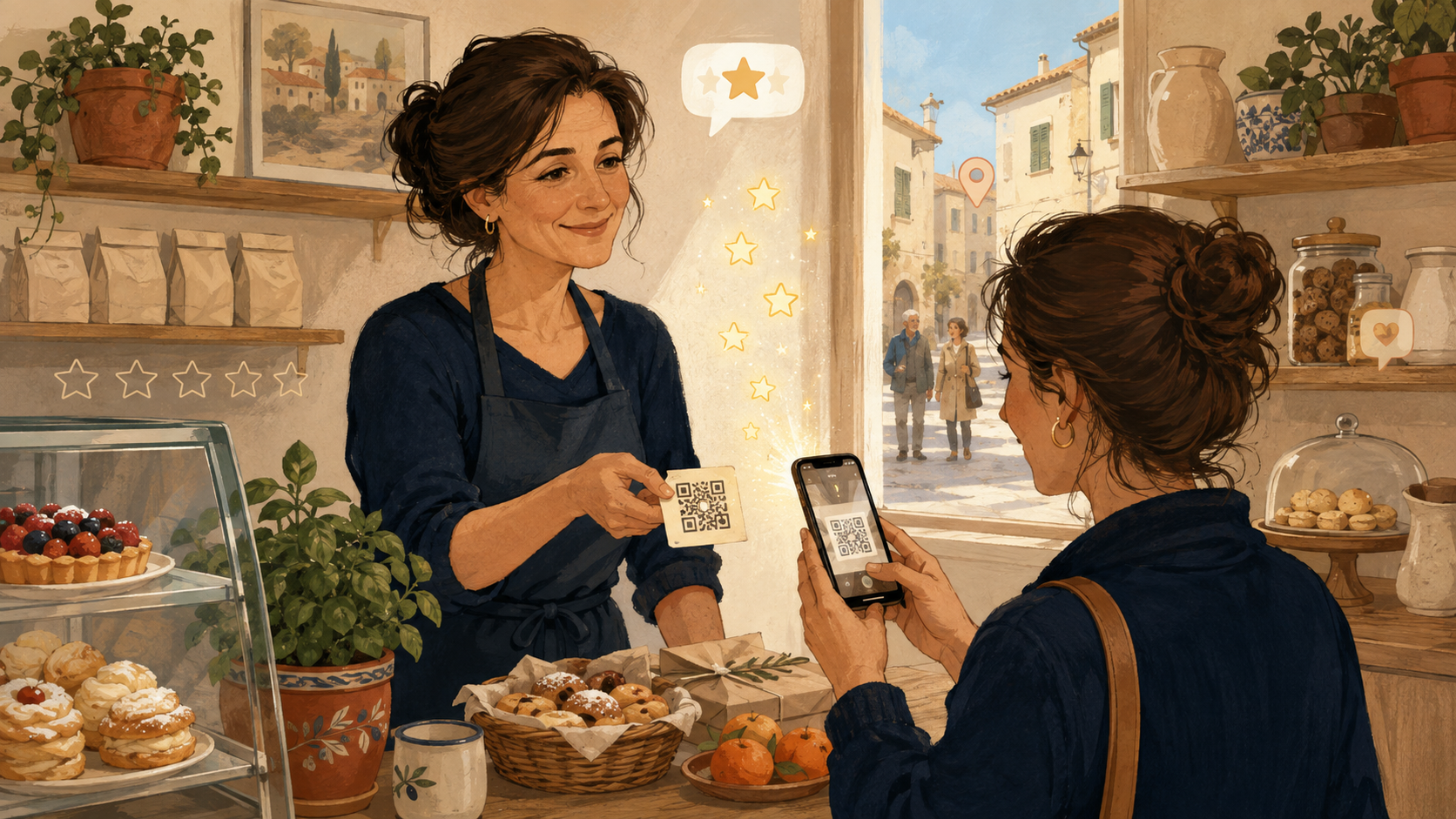 Illustrazione di una bottega italiana in cui una cliente lascia una recensione su Google dallo smartphone, con stelline luminose che salgono dal bancone.