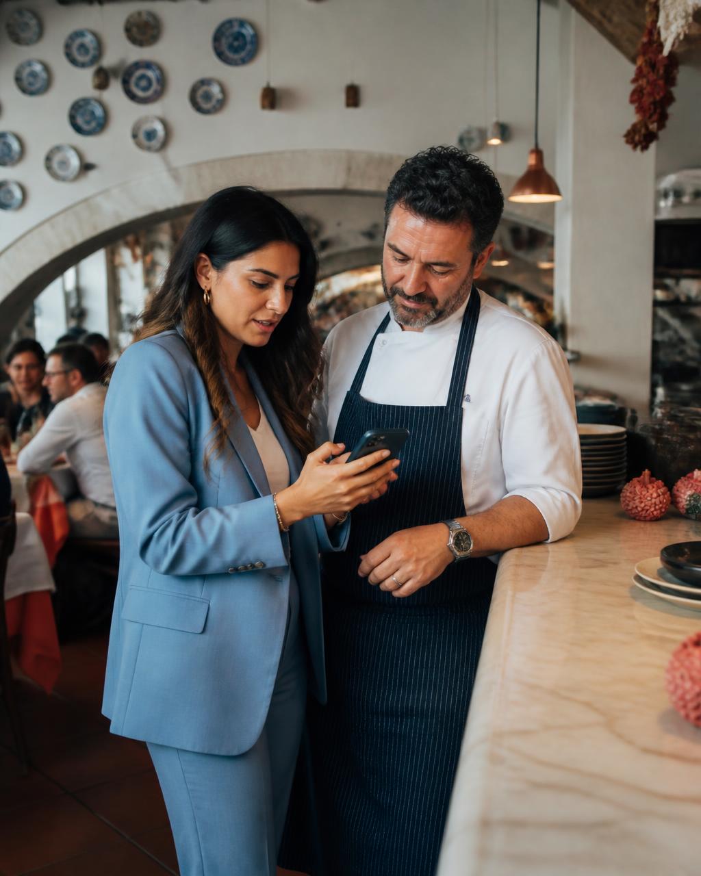 Strategist social al lavoro con il titolare di un ristorante locale
